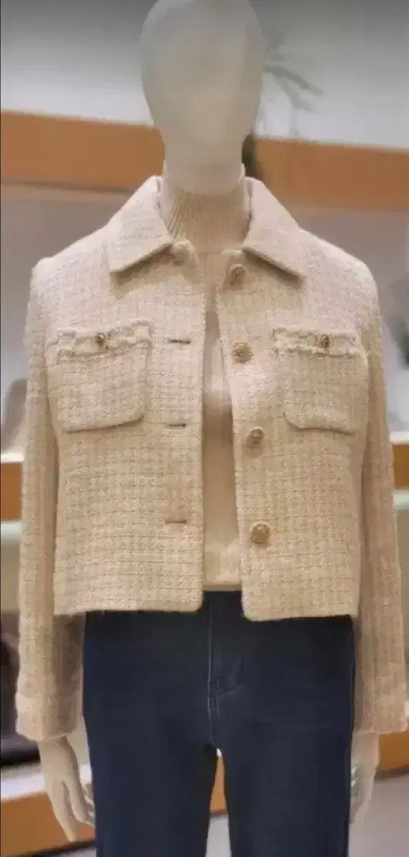 シーズミス グリッター ポケット フリンジ装飾 ツイード クロップド ジャケット