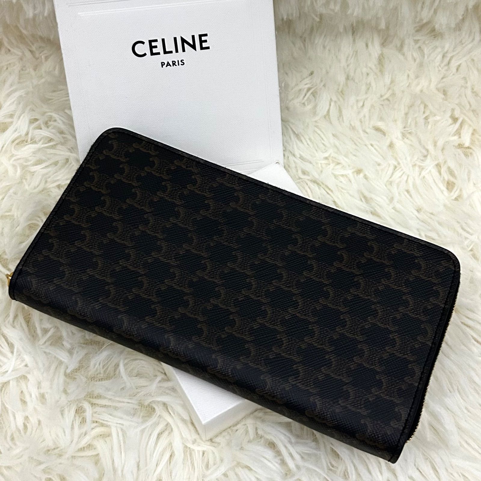 ♥級 CELINE セリーヌ トリオンフキャンバス ラージジップ ウォレット ラウンドファスナー 長財布 ブラック