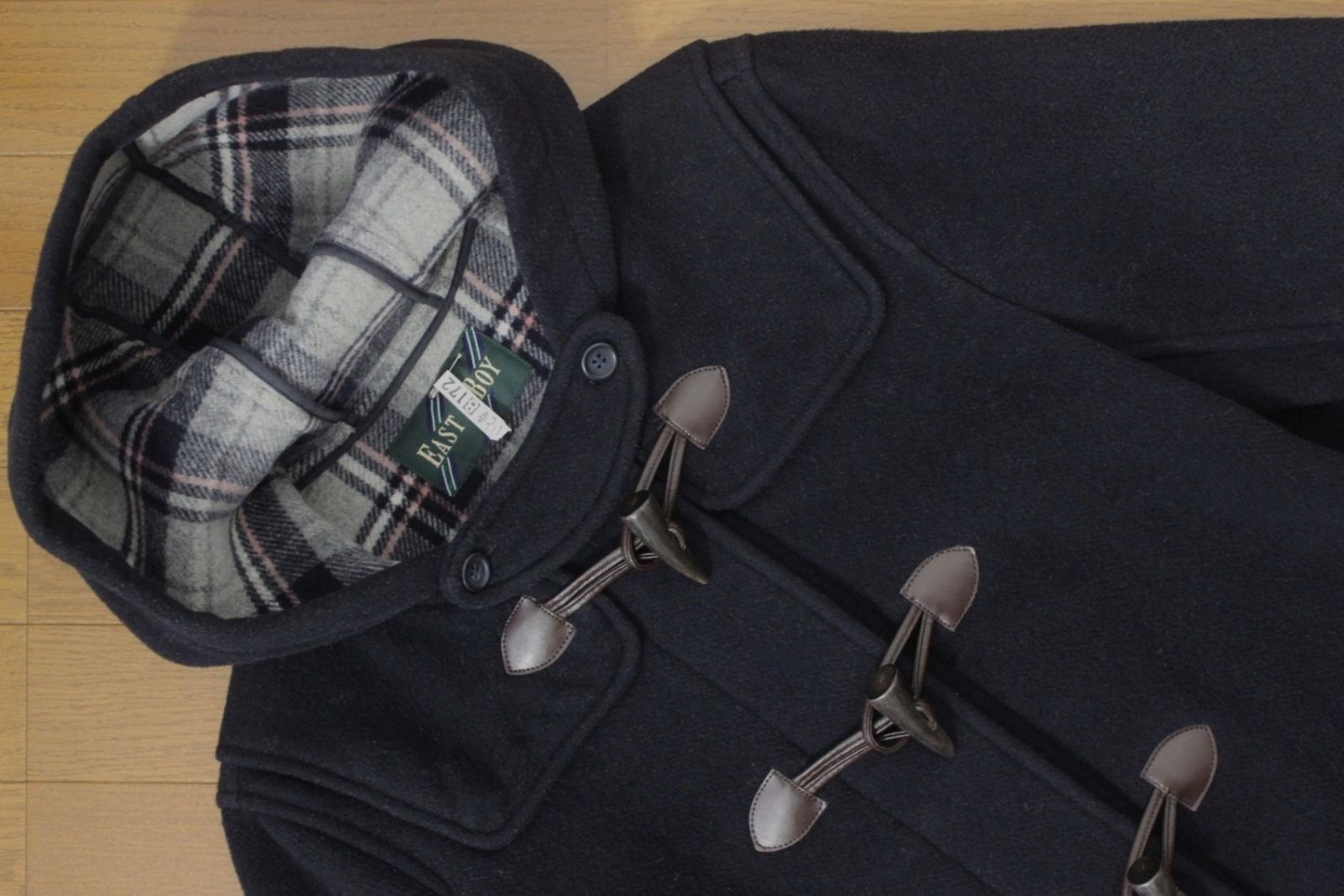 80 イーストボーイ ダッフルコート 11 ネイビー 紺 L 裏チェック柄 EAST BOY 通学 スクールコート クリーニング済み