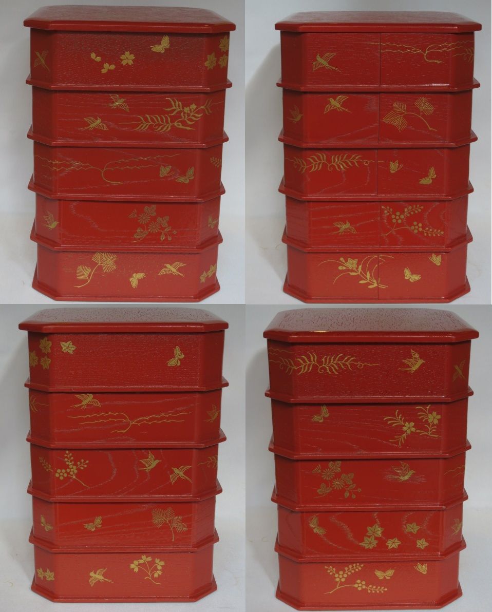 初売り 淡々斎好写 花鳥蒔絵 朱掻合塗縁高重 〔税込 〕