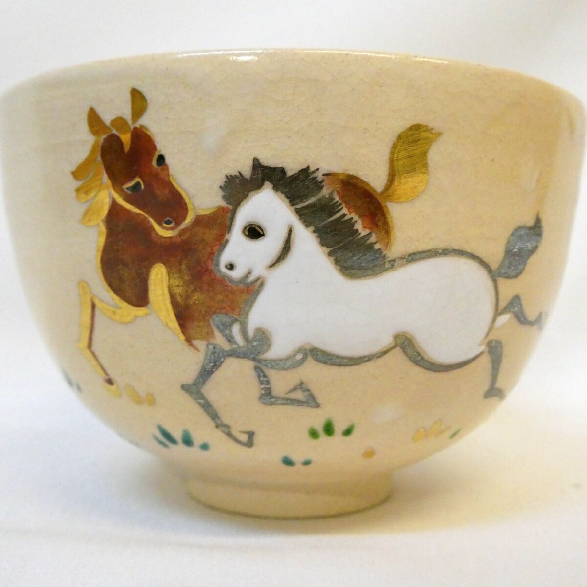 干支 午】平安花蝶窯 手塚石雲作 仁清写 春駒の絵 茶碗 手塚充 茶道具