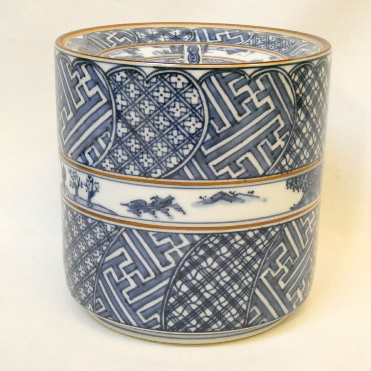 訳あり特価！】清閑寺窯 三代 杉田祥平作 祥瑞帯山水捻子描詰画 水指