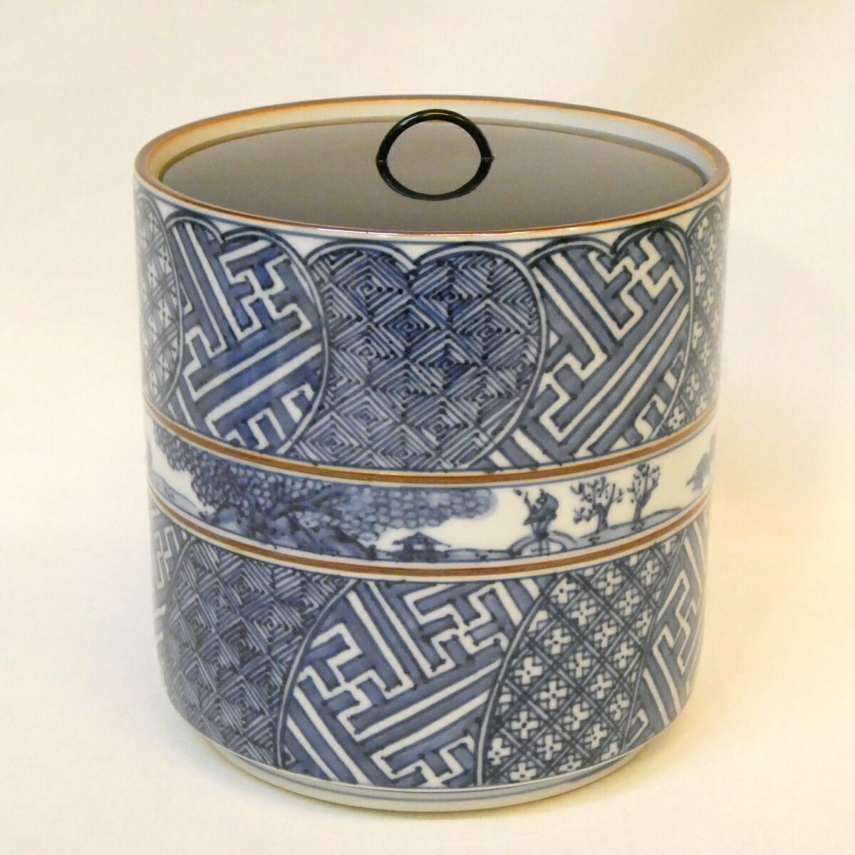 訳あり 清閑寺窯 三代 杉田祥平作 祥瑞帯山水捻子描詰画 水指 塗蓋添え 染付 茶道具