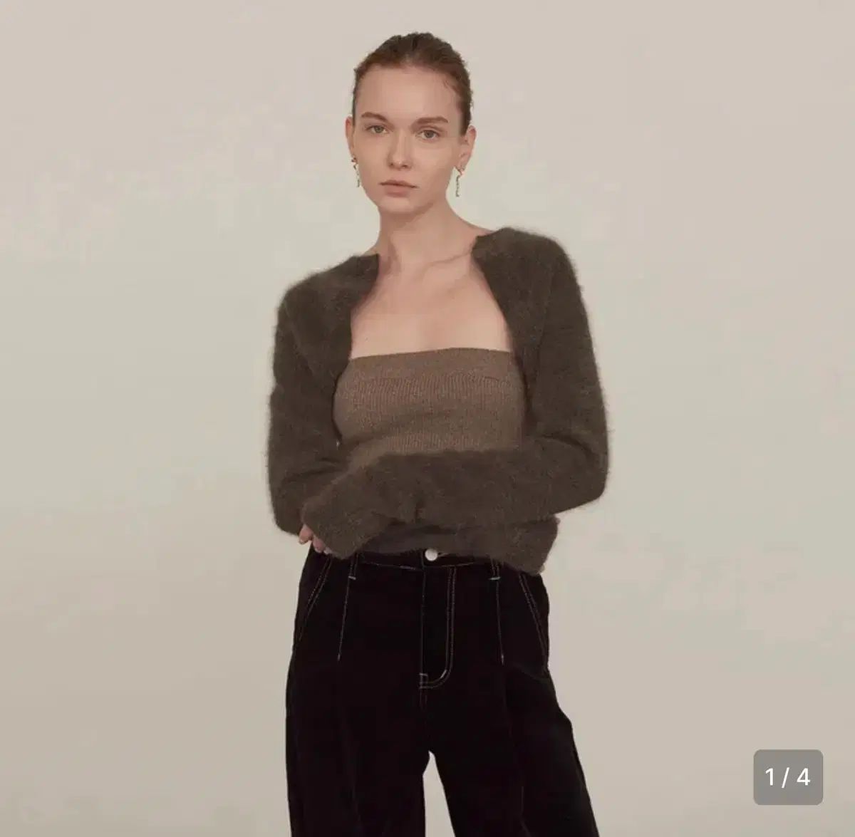 DIAGONAL レイヤード チューブ トップ カーディガン ブラウン