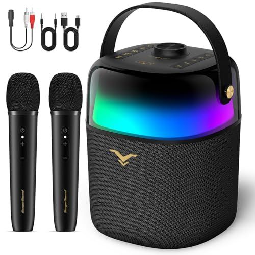 カラオケセット家庭用 Bluetooth 5.3スピーカーセット ワイヤレスマイク2本付き 高低音強化 最大出力80 W 大音量 ポータブル LEDライト搭載 USB|AUX対応 充電式 12時間再生 持ち運び便利 ホームパーティー|イベント|街頭スピーチ