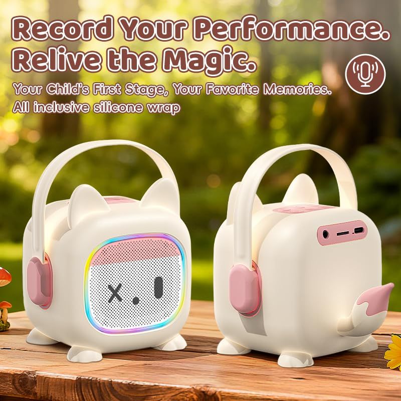 MonoKi カラオケセット 独自のデザイン Bluetooth 5.3 スピーカー 録音機能と親子のインタラクティブ機能がある Mini マイク 2本 カラオケ家庭用 PAセット karaoke カラー RGB LEDライト 家庭の集まり パーテ