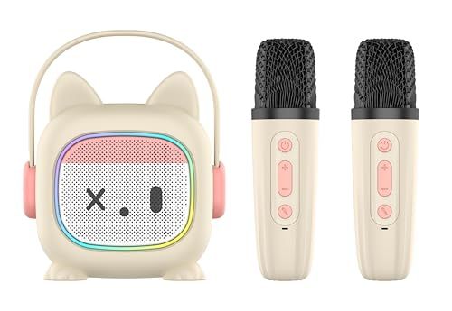 MonoKi カラオケセット 独自のデザイン Bluetooth 5.3 スピーカー 録音機能と親子のインタラクティブ機能がある Mini マイク 2本 カラオケ家庭用 PAセット karaoke カラー RGB LEDライト 家庭の集まり パーテ