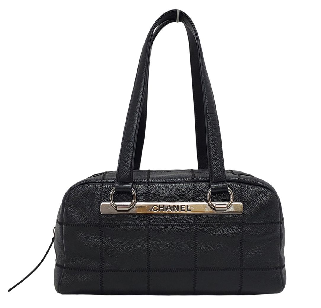 D 3149◆ シャネル チョコバー ハンドバッグ キャビアスキン◆シール有 ミニボストン ブラック