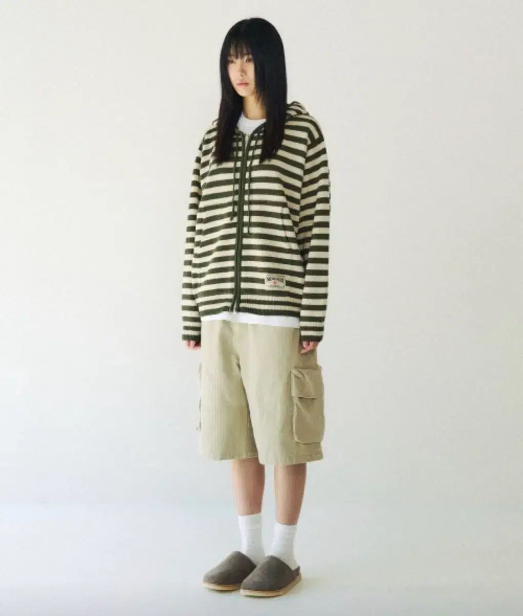 SLOW ACID ストライプ ニット フーディー ジップアップ カーキ