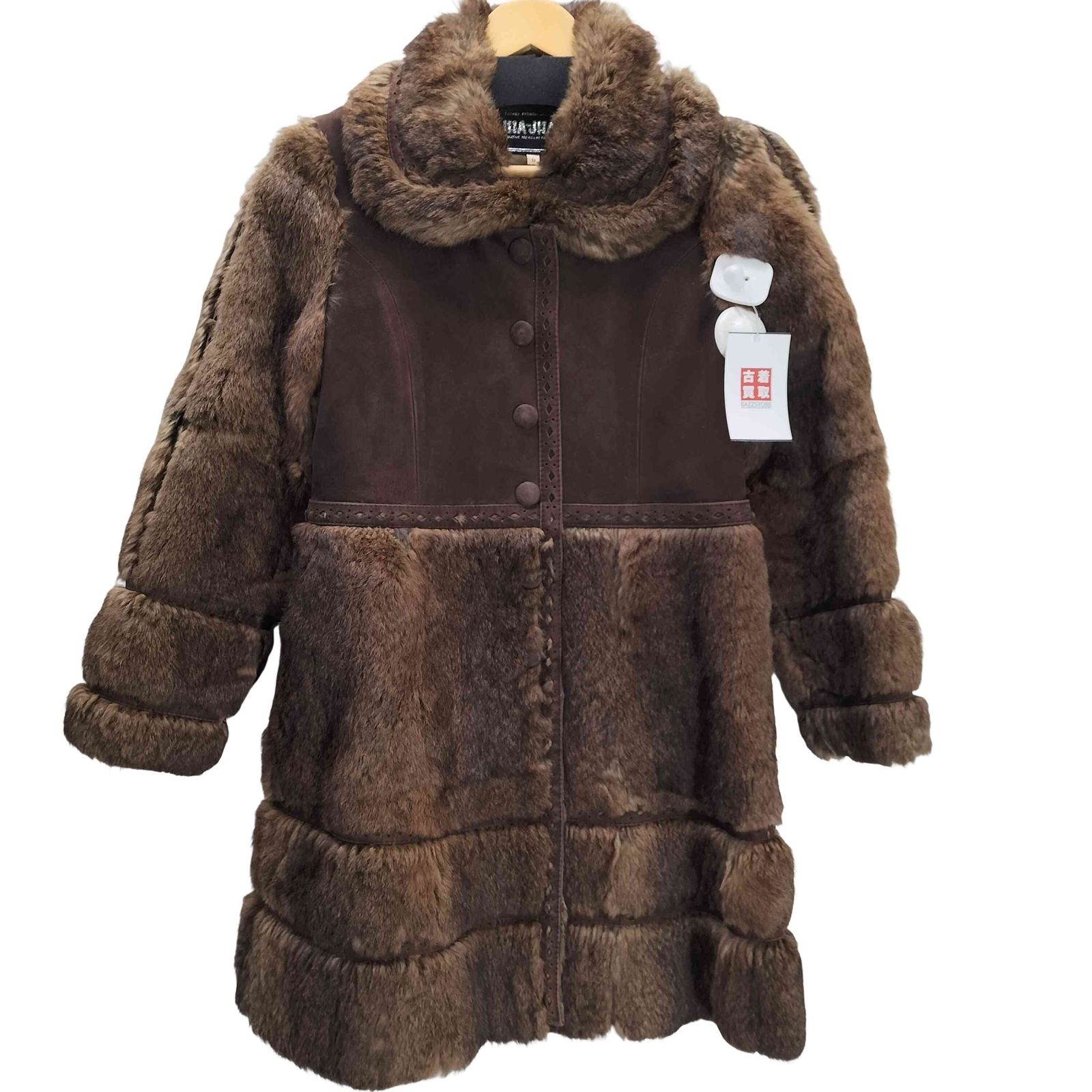 ユーズドフルギ 古着 Real Fur ＆ Leather Tiered Mouton Long Coat リアルファー 本革 リアルレザー 切替え 装飾 ティアード ムートン ロング コート レディース 9