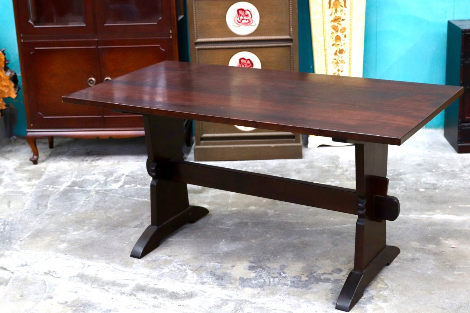 GMIS 427○松本民芸民芸家具 T型トレッスル卓 ダイニングテーブル 食卓テーブル ミズメザクラ アンティーク 民藝