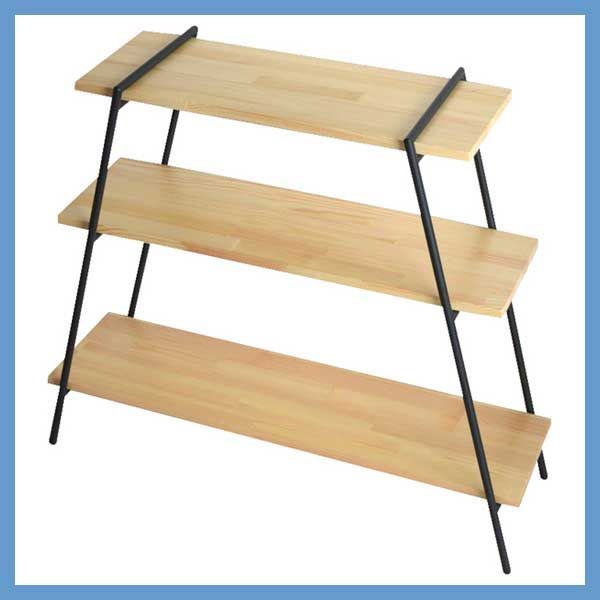 天然木板 パイン のアイアンフレームラック ３段 W 90×D 27.5×H 79 cm 工具不要 簡単組立 No.11 ブラック