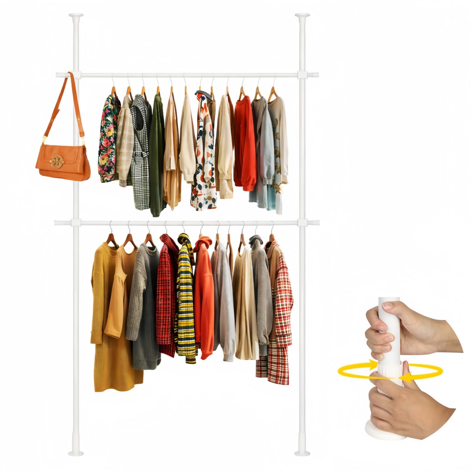 突っ張りハンガーラック 強化 1段 2段 縦120-320 横80-180 cm 合計耐荷重 100 kg 縦型 つっぱり棒 衣類スリム 服かけ 洋服ラック 工具不要 賃貸OK おしゃれ 壁面収納 室内干し対応 省スペース