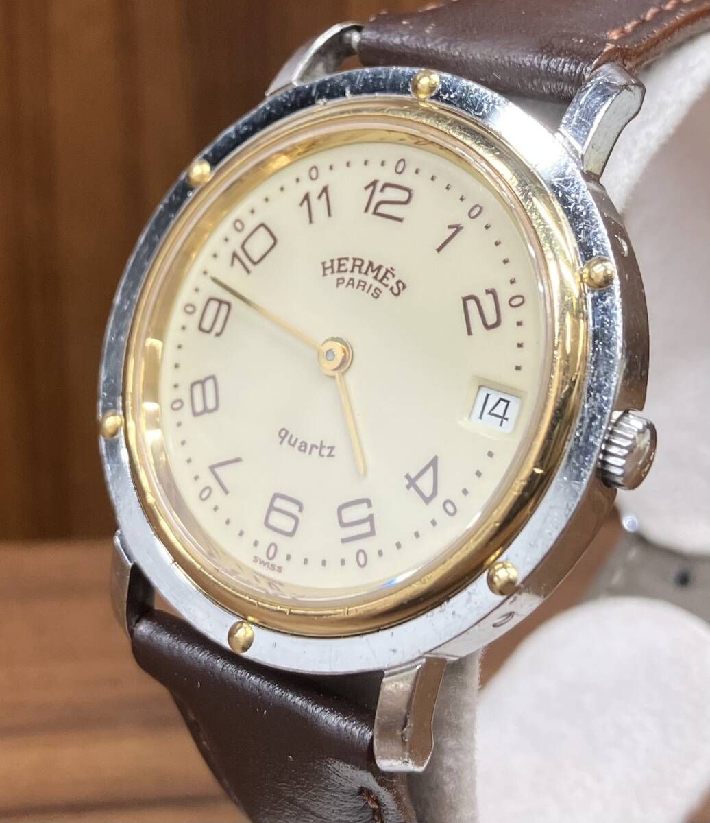 HERMES エルメス クリッパー クォーツ メンズ 腕時計 アイボリー文字盤 デイト