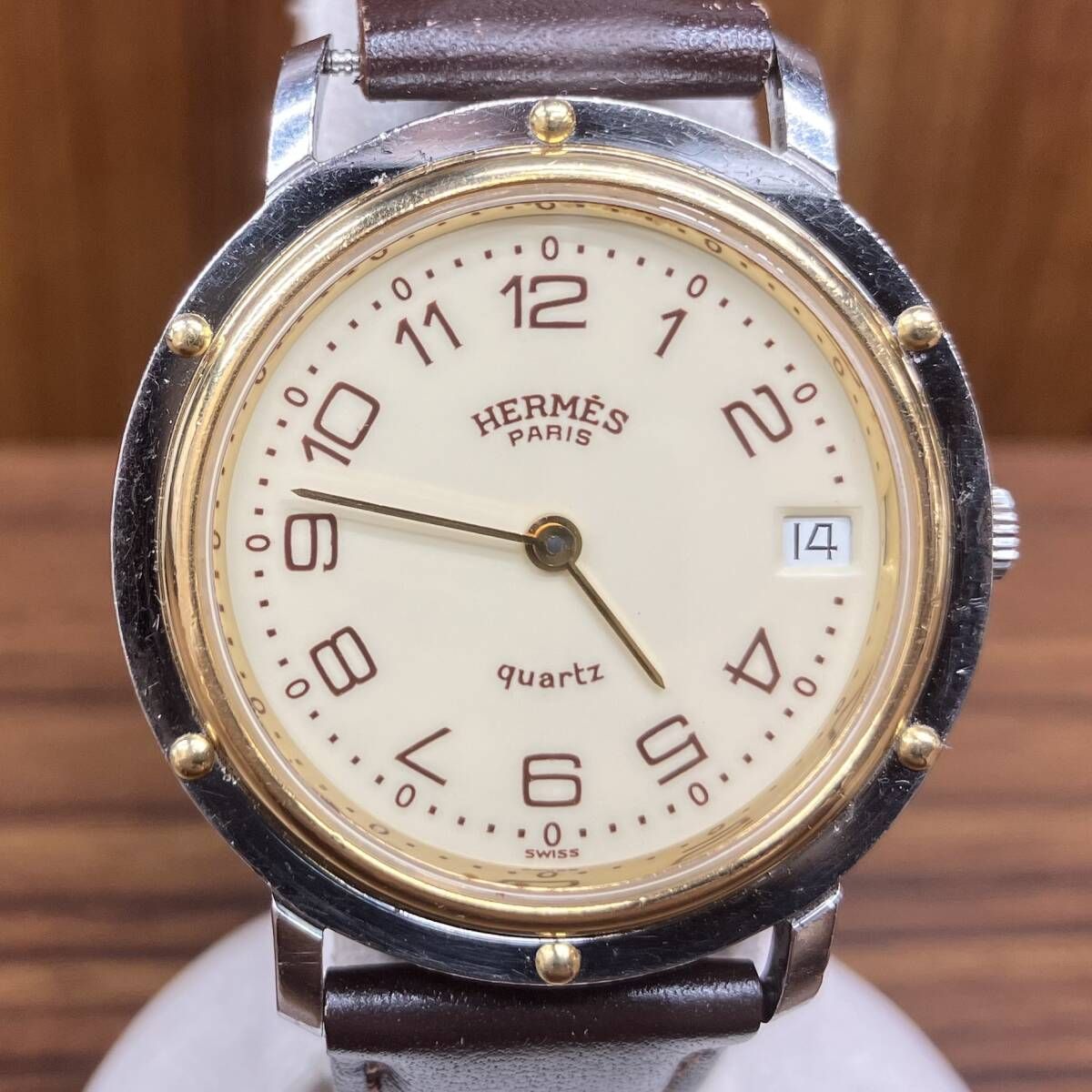 HERMES エルメス クリッパー クォーツ メンズ 腕時計 アイボリー文字盤