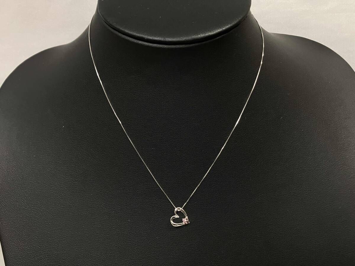  K 18 WG ネックレス 40 cm 1.4 g ハートモチーフ ピンク ベネチアンチェーン 引き輪 ネックレス アクセサリー