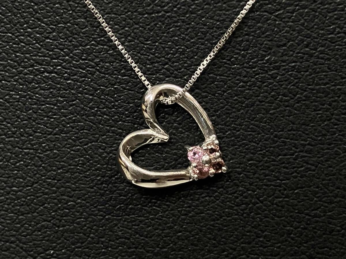 K 18 WG ネックレス 40 cm 1.4 g ハートモチーフ ピンク ベネチアンチェーン 引き輪