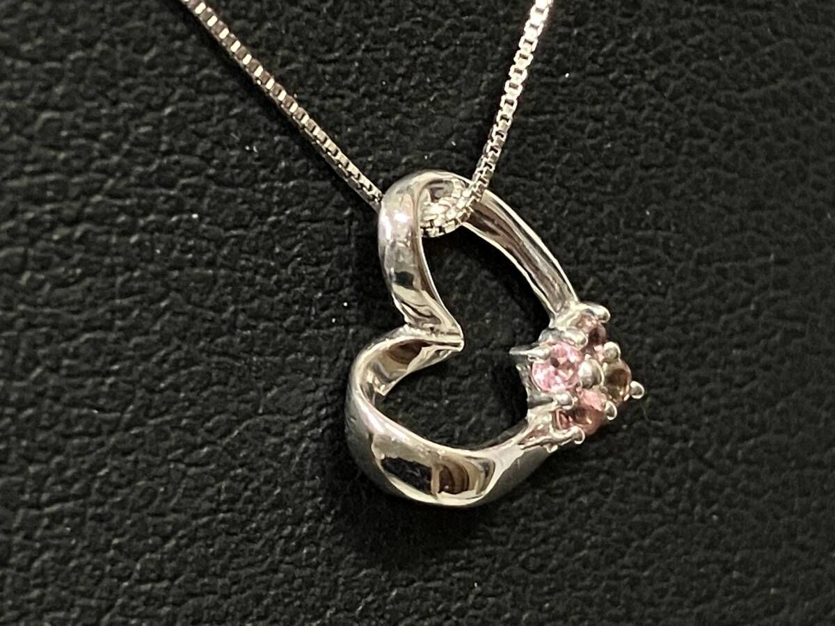 K 18 WG ネックレス 40 cm 1.4 g ハートモチーフ ピンク ベネチアンチェーン 引き輪