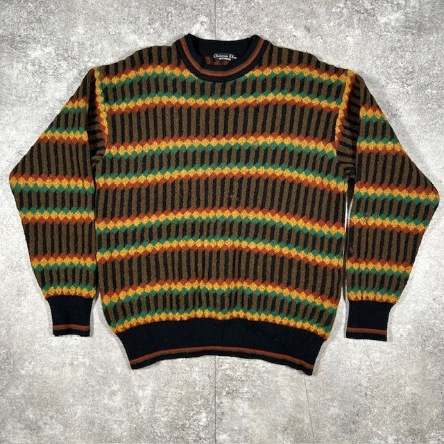 Christian Dior クリスチャンディオール ブラウン ウール 総柄 幾何学模様 ニット ボーダーニット Y-TK-03