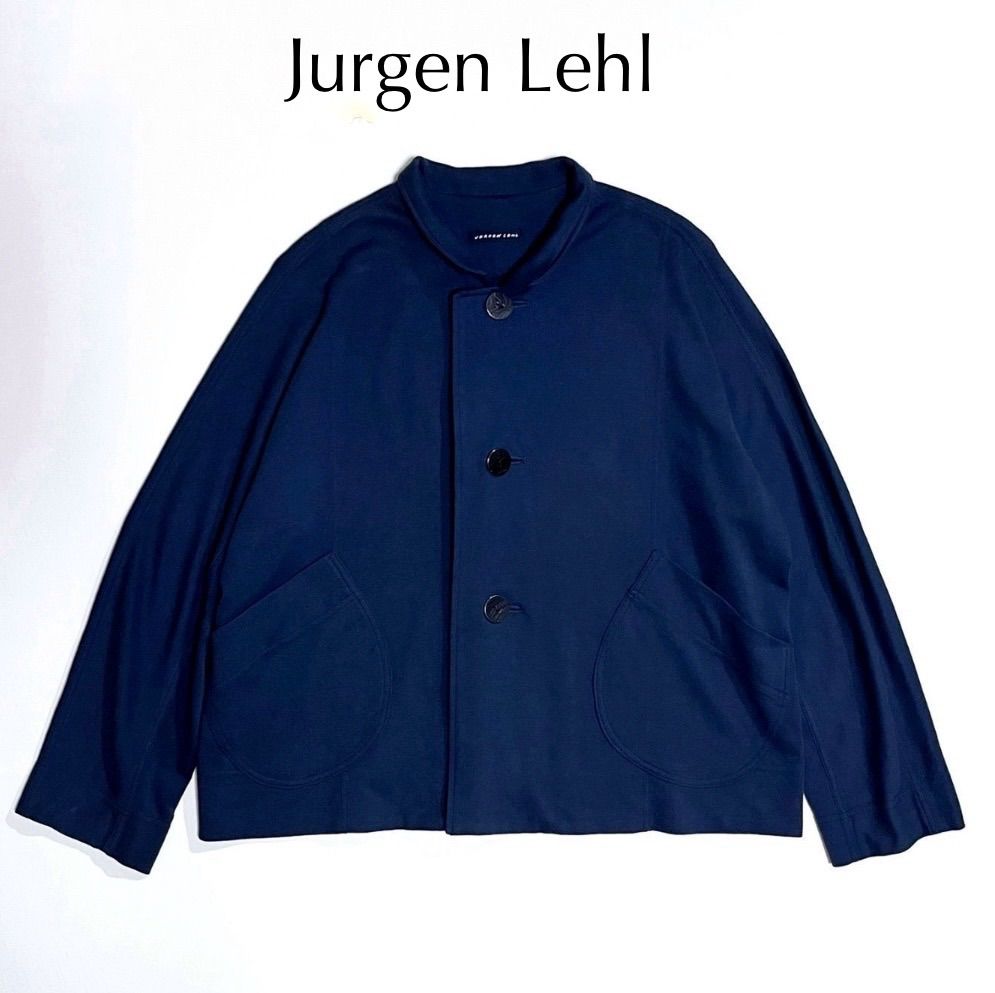【JURGEN LEHL】ウールシルクジャケット　ネイビー　スタンドカラー　M JURGEN LEHL】ウールシルクジャケット ネイビー スタンドカラー M