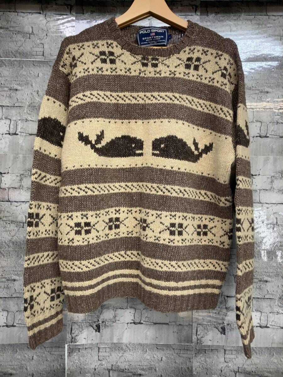 POLO SPORTS ポロスポーツ ニット 90 s hand knit クジラ柄 サイズL ブラウン