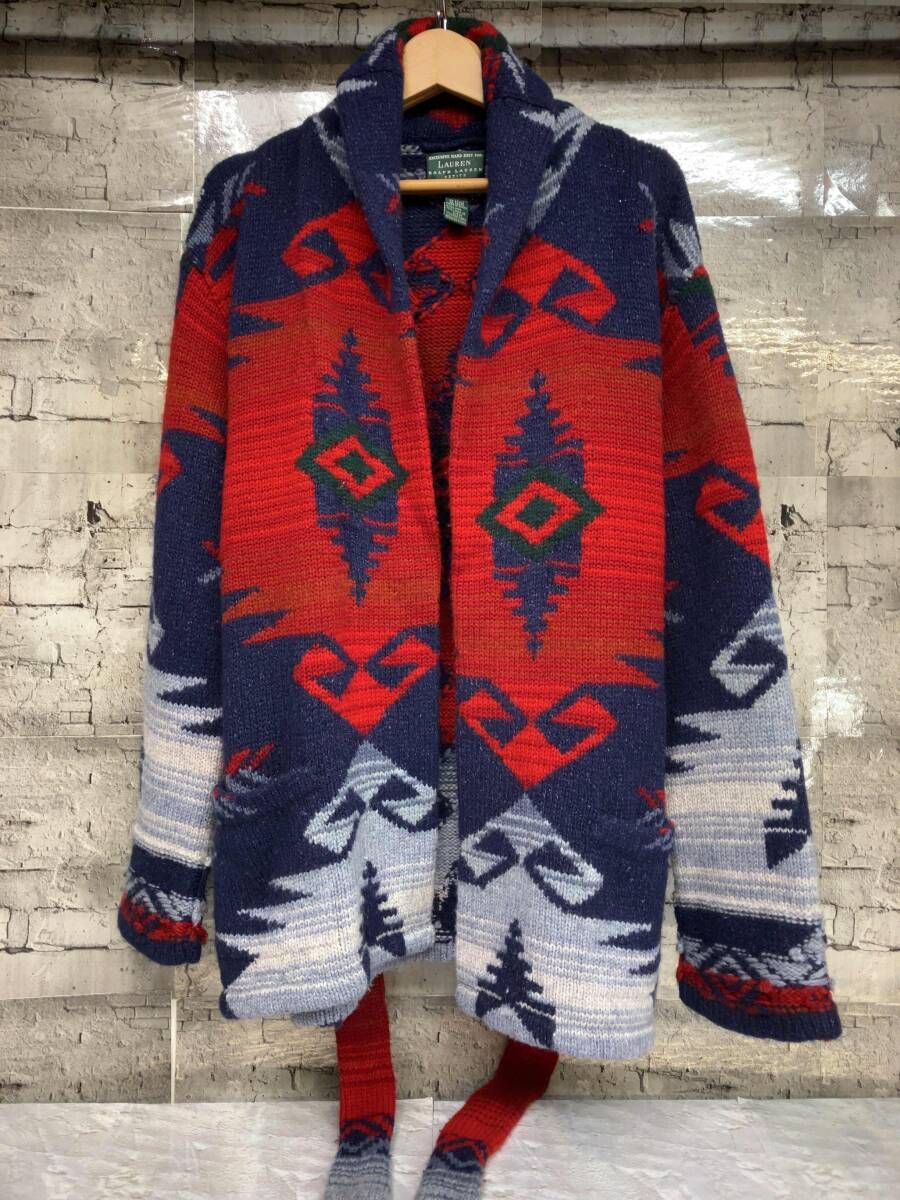 RALPH LAUREN ラルフローレン ニット ハンドニット ガウン ネイティブ柄 サイズL レッド ブルー