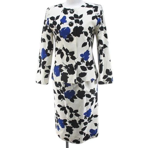 イヴサンローラン YVES SAINT LAURENT ボタニカル 花柄 セットアップ スカートスーツ S 白系 ホワイト 加工 ボタン スリット 裏地