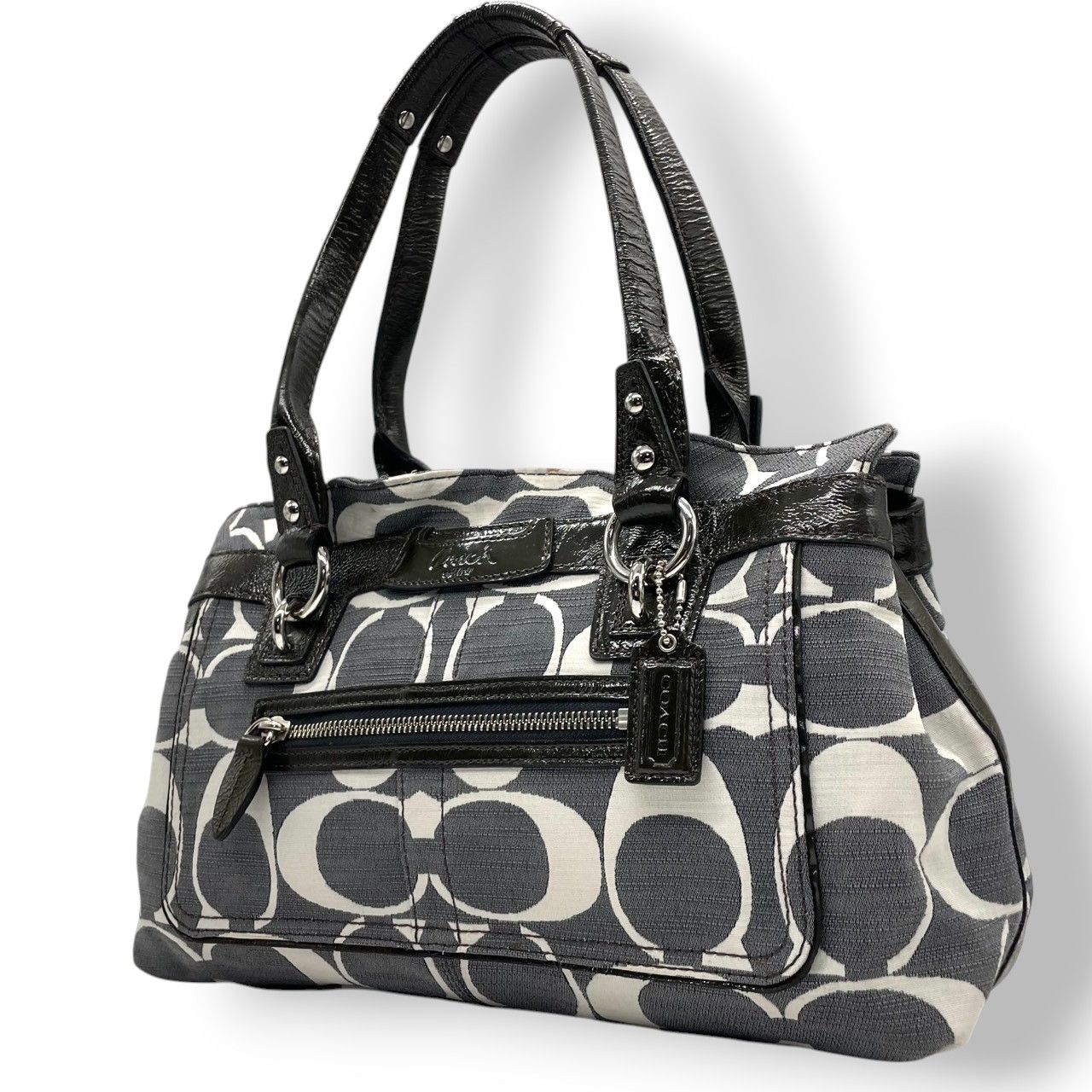 コーチ COACH マディソン オプアート ハンドバッグ トートバッグ 肩掛け キャンバス パテントレザー エナメル グレー ブラック 黒 シルバー金具 13290 M 0893 軽量 カジュアル エレガント シック レディース 鞄 カバン s 91