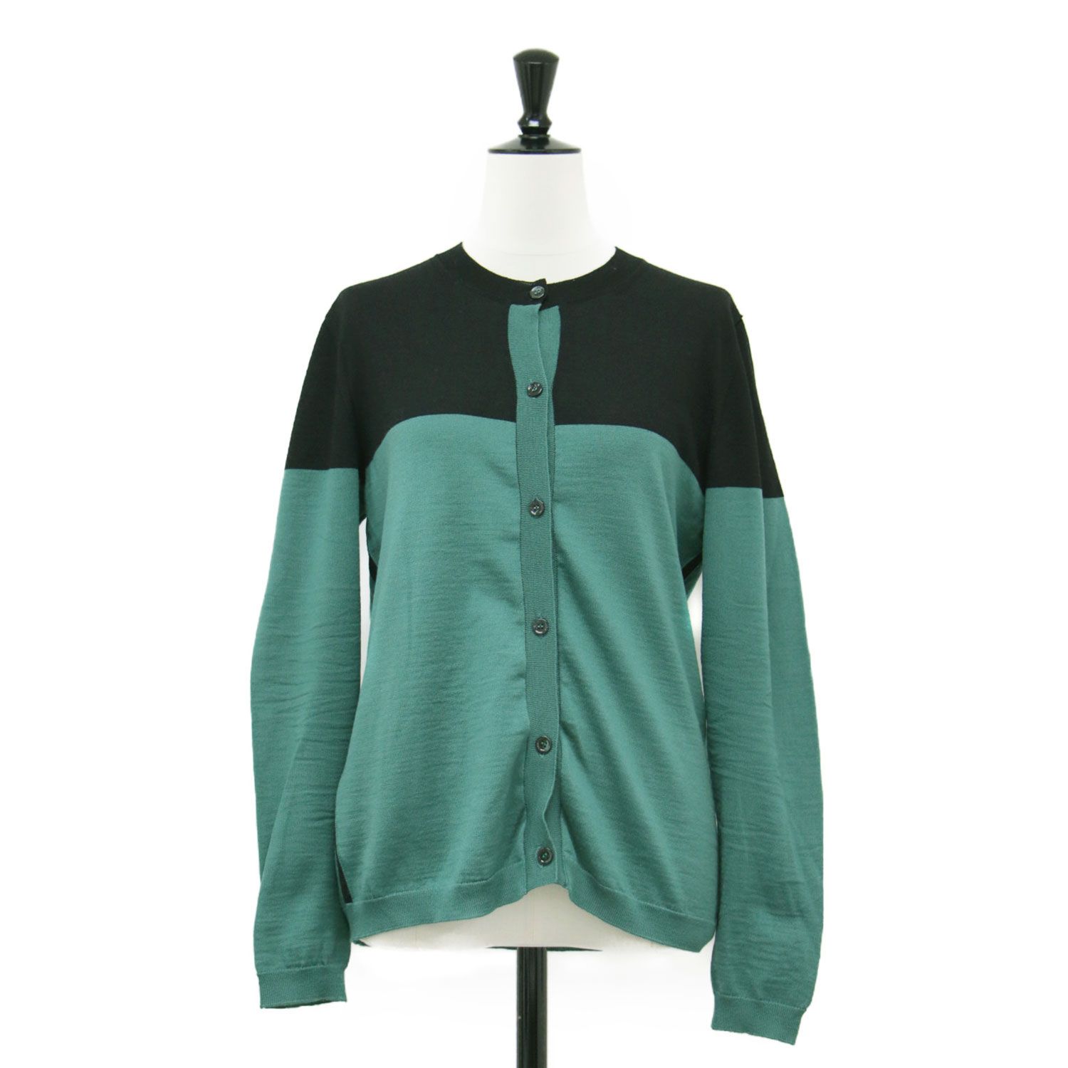 MARNI マルニ カーディガン グリーン ブラック サイズ 40 M | ウール バイカラー クルーネック ニット 長袖 配色 トップス セーター 羽織り レディース