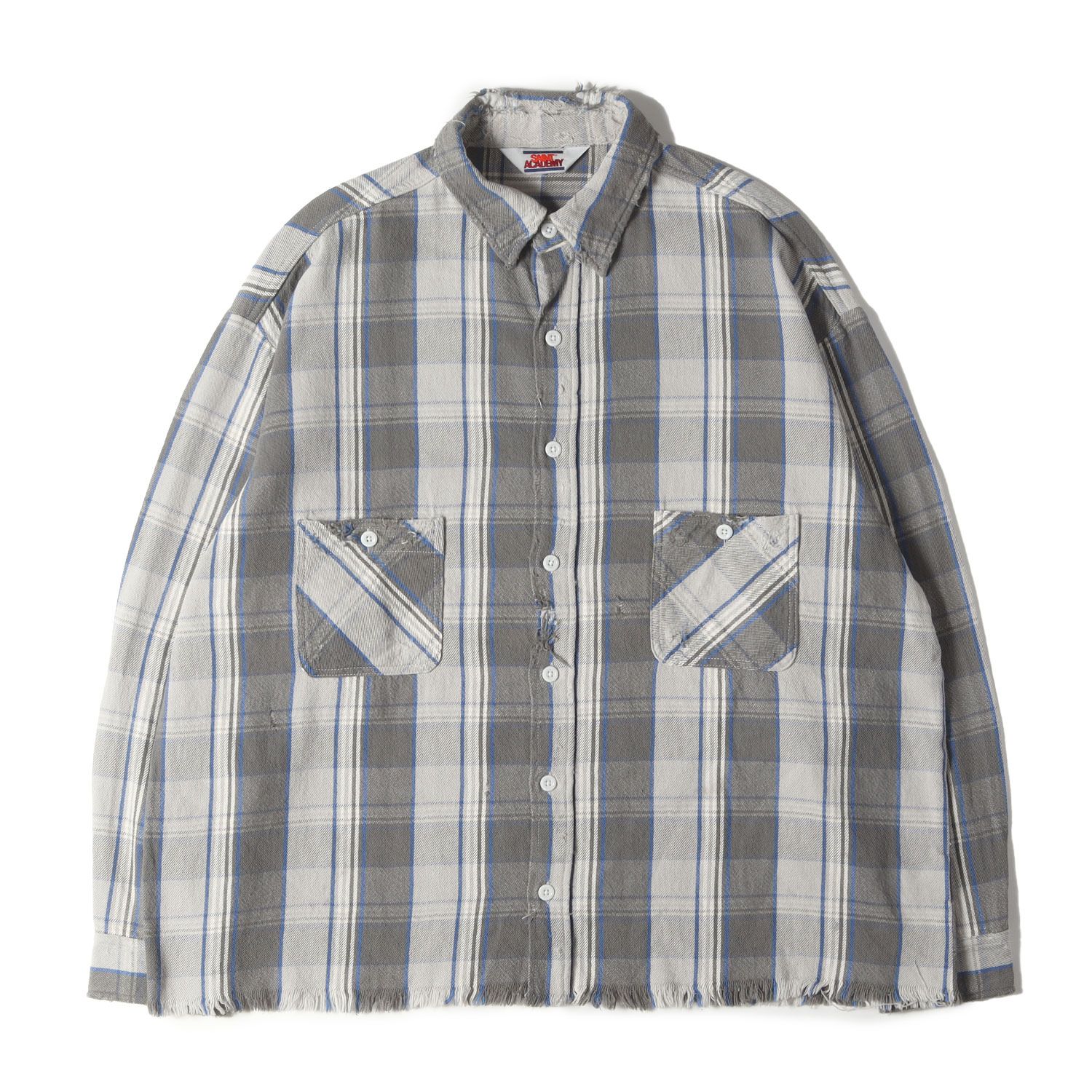 SAINT MICHAEL セントマイケル シャツ グレー サイズ L | 22 AW SHERMER ACADEMY ダメージ加工 オーバサイズ フランネルシャツ FRANNEL SHIRT トップス コラボ メンズ