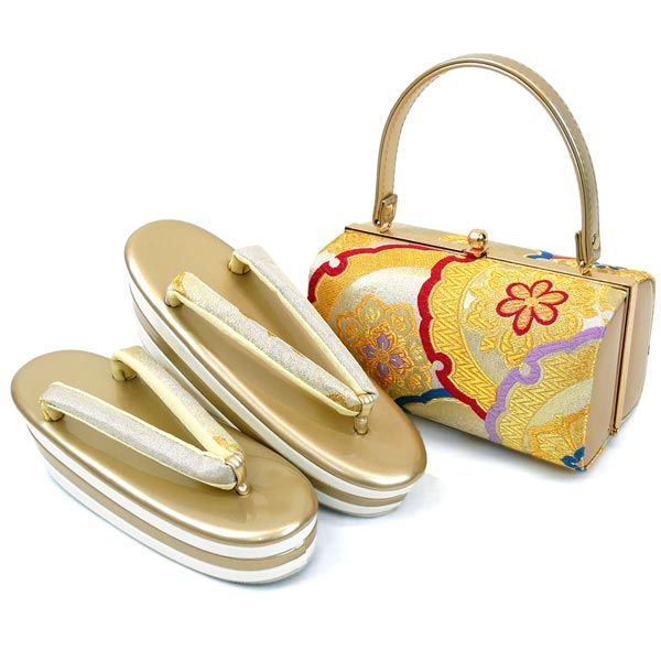 LLサイズ 振袖用 厚底 草履バッグセット zb-031 雪輪 華文 ゴールド 金 ホワイト 三枚芯 成人式 振袖 訪問着 付下 小紋 大きいサイズ 大きめ 京都うさぎ堂