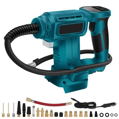 充電式エアコンプレッサー 空気入れ 小型 120 PSI マキタ18 Vバッテリー対応 DC 18 V 12 V兼用 デジタル表示 LEDライト付 自動停止 便利携帯型 車用 自転車 バイク ボール対応 W強力ポンプ 本体のみ バッテリーと充電器別売 彡