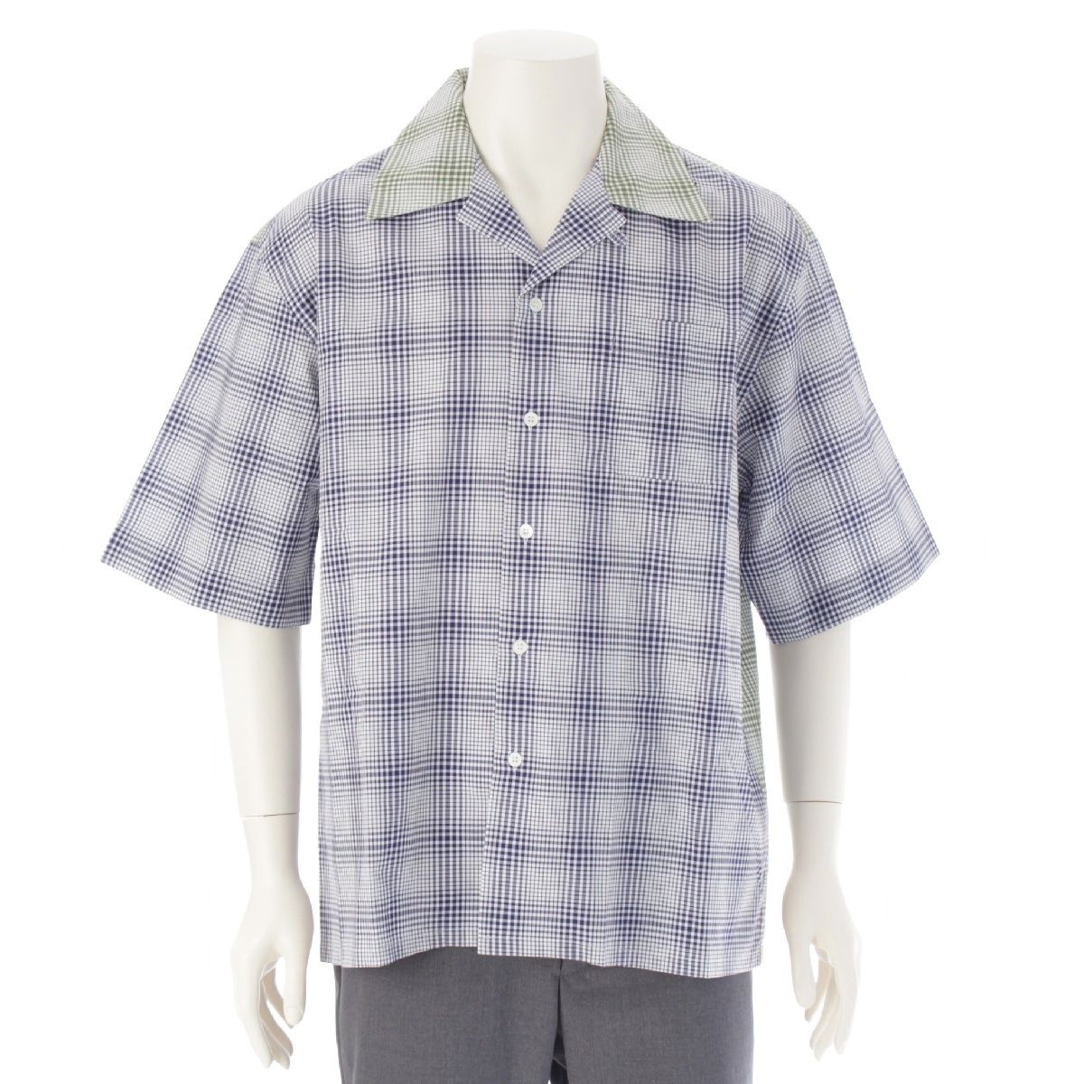 マルニ 23 AW コットン クレイジーパターン チェック総柄 半袖シャツ オープンカラー トップス ネイビー×グリーン×ホワイト 48