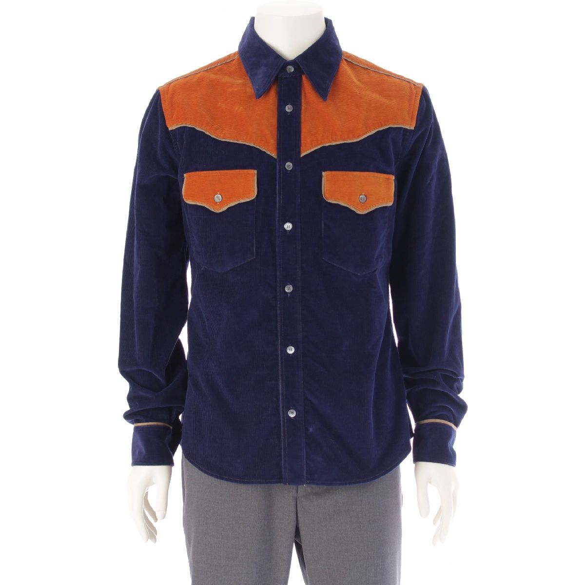 マルニ 22 AW コーデュロイ バイカラー ウエスタン ジャケット シャツ アウター トップス オレンジ ブルー ネイビー 48