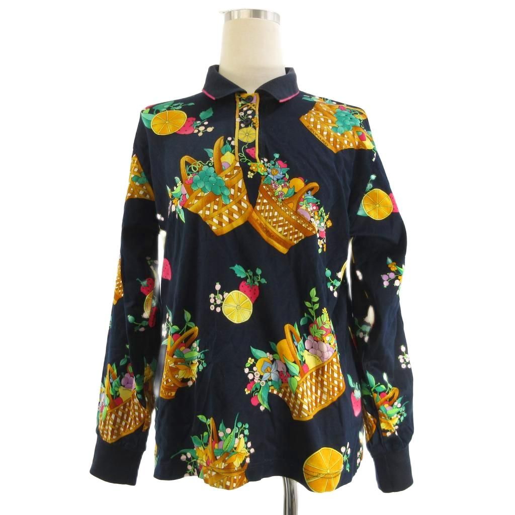 レオナールスポーツ LEONARD SPORT ポロシャツ 長袖 フルーツ柄 コットン 紺色 ネイビー L