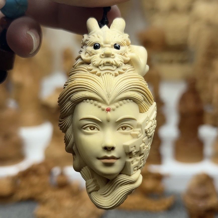 仏教美術 新作 高級柘植木彫 大唐美人 天然木製ハンドメイド/細工彫刻