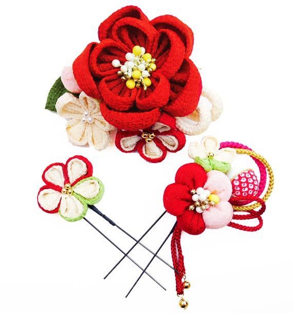 振袖用 髪飾り ３点セット kk-007 赤 レッド つまみ細工 梅 椿 成人式 振袖 卒業式 浴衣 七五三 花かざり ヘアアクセサリー ちりめん 京都うさぎ堂