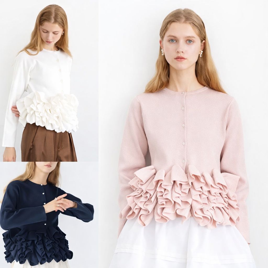 ラメスワンカーディガン フリルホイップニットカーディガン ブラック