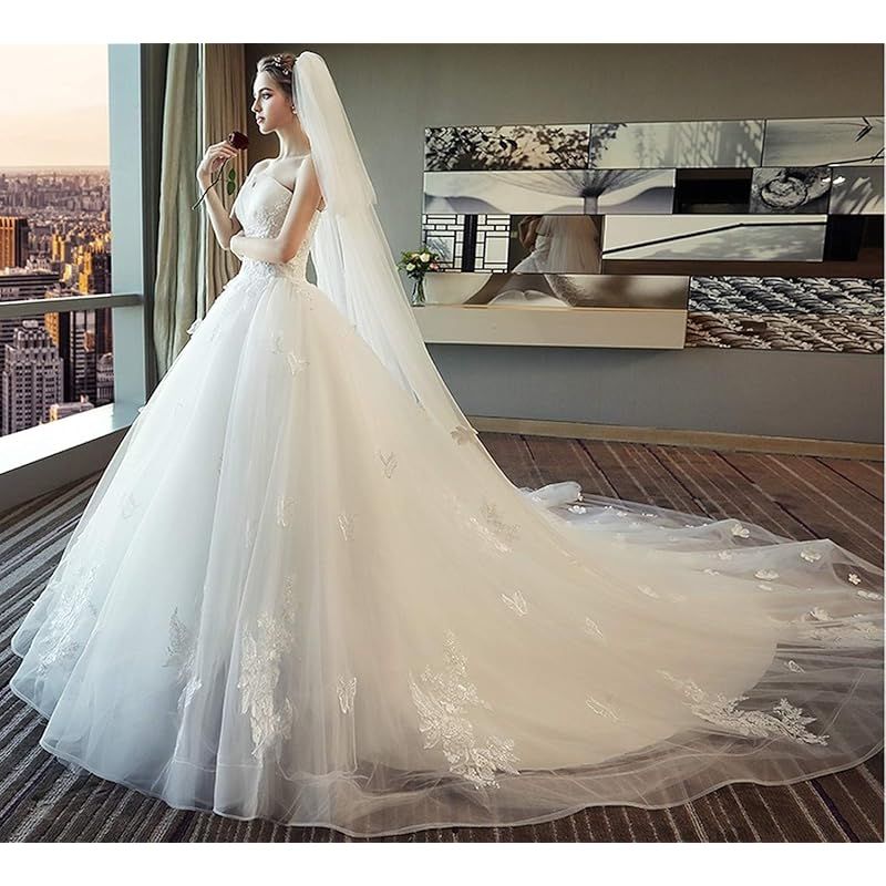 [株式会社豊作] ウエディングドレス フラワービスチェ ロング Aライン レースアップ 引き裾 蝶飾り 純白 ブライダル (LL) 株式会社豊作] ウエディングドレス フラワービスチェ ロング Aライン