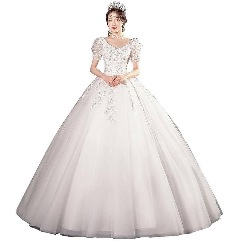 豊作 ウエディングドレス パフスリーブ スイートハートネック キラキラ ブライダル Ａライン 発表会 エレガント 花嫁 S