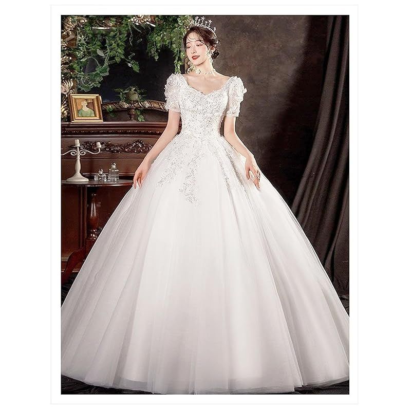 豊作 ウエディングドレス パフスリーブ スイートハートネック キラキラ ブライダル Ａライン 発表会 エレガント 花嫁 S