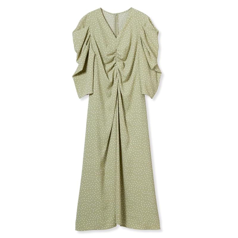 Vネックタックギャザードットワンピ