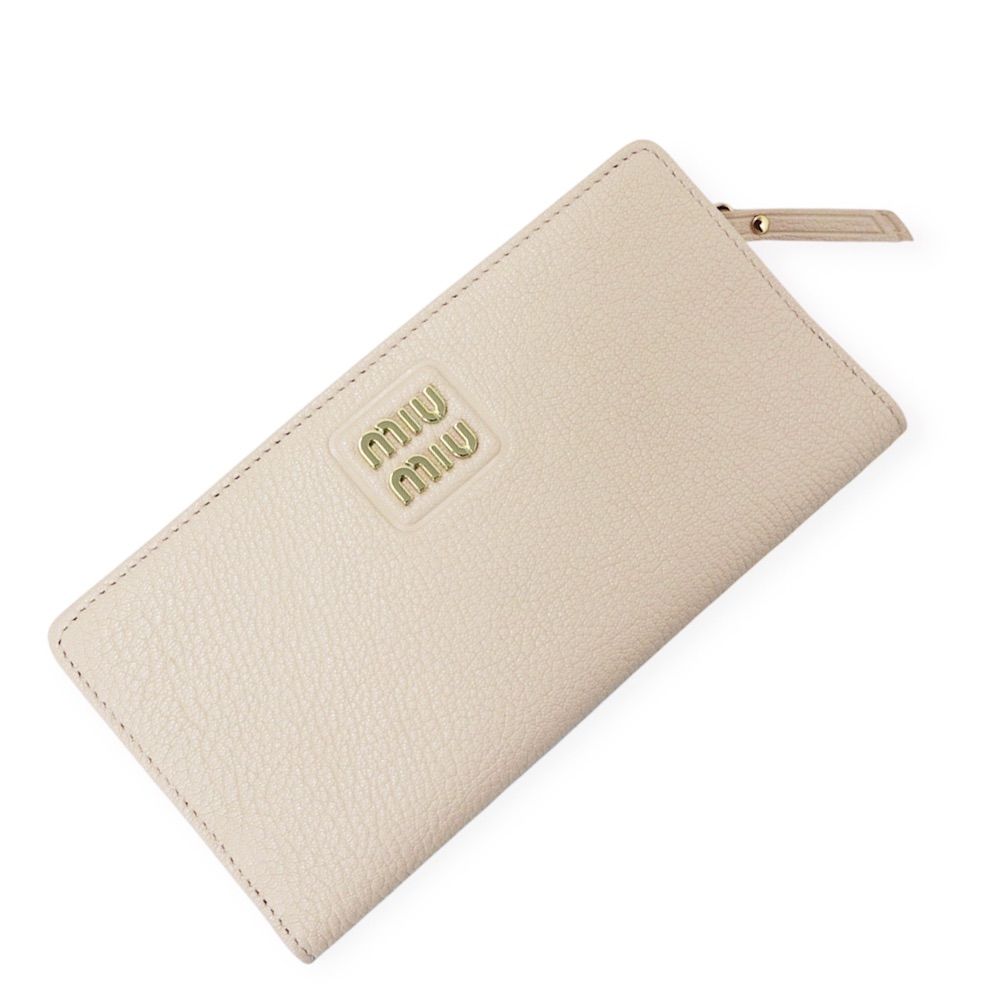 ♥ ミュウミュウ miumiu マドラス 二つ折り 長財布 レザー ベージュ 5 MO 009 き