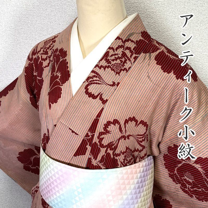 アンティーク大きな牡丹の花の着物単品 601af5△アンティーク着物 牡丹 花 地紋 レトロモダン 大正ロマン 昭和