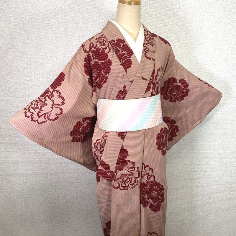 601af5△アンティーク着物 牡丹 花 地紋 レトロモダン 大正ロマン 昭和