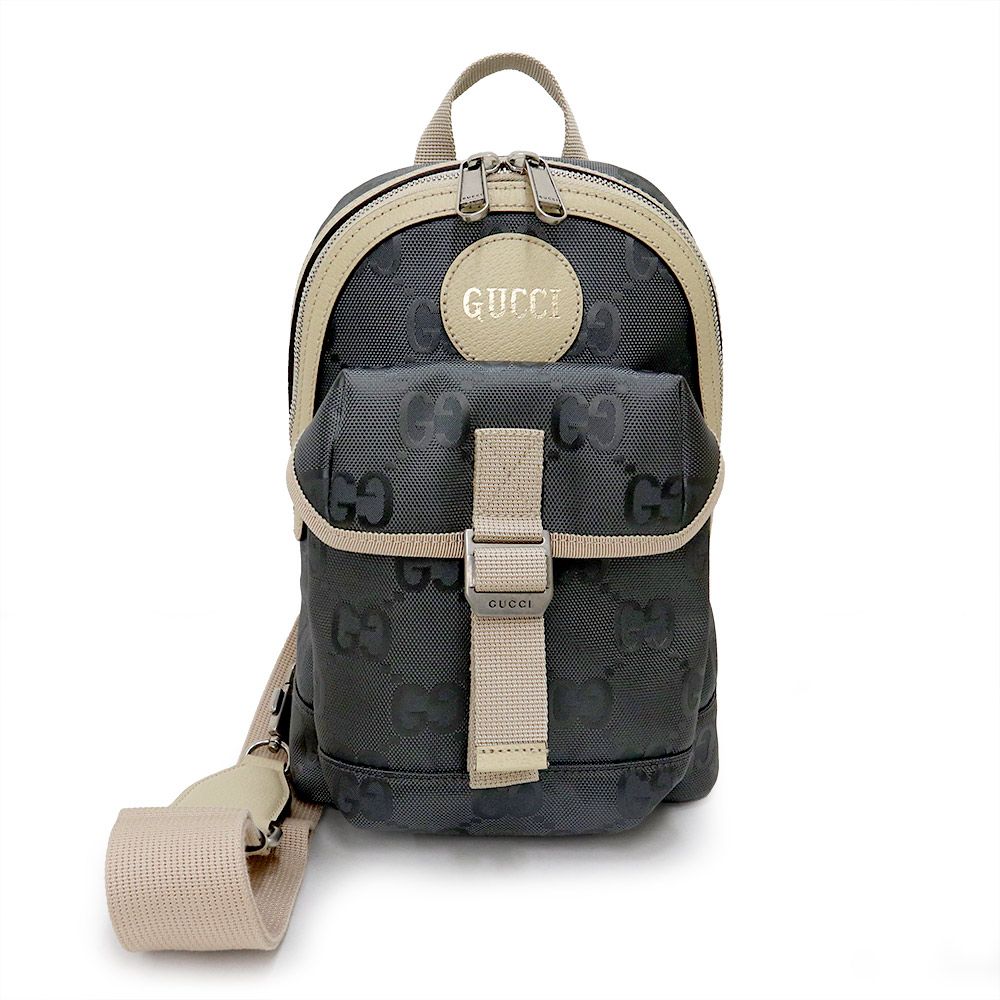 グッチ 658631 オフ ザ グリッド スリング バックパック ダークグレー ベージュ ショルダーバッグ 斜め掛け GGナイロン レザー アンティークシルバー金具 ♥ 展示品