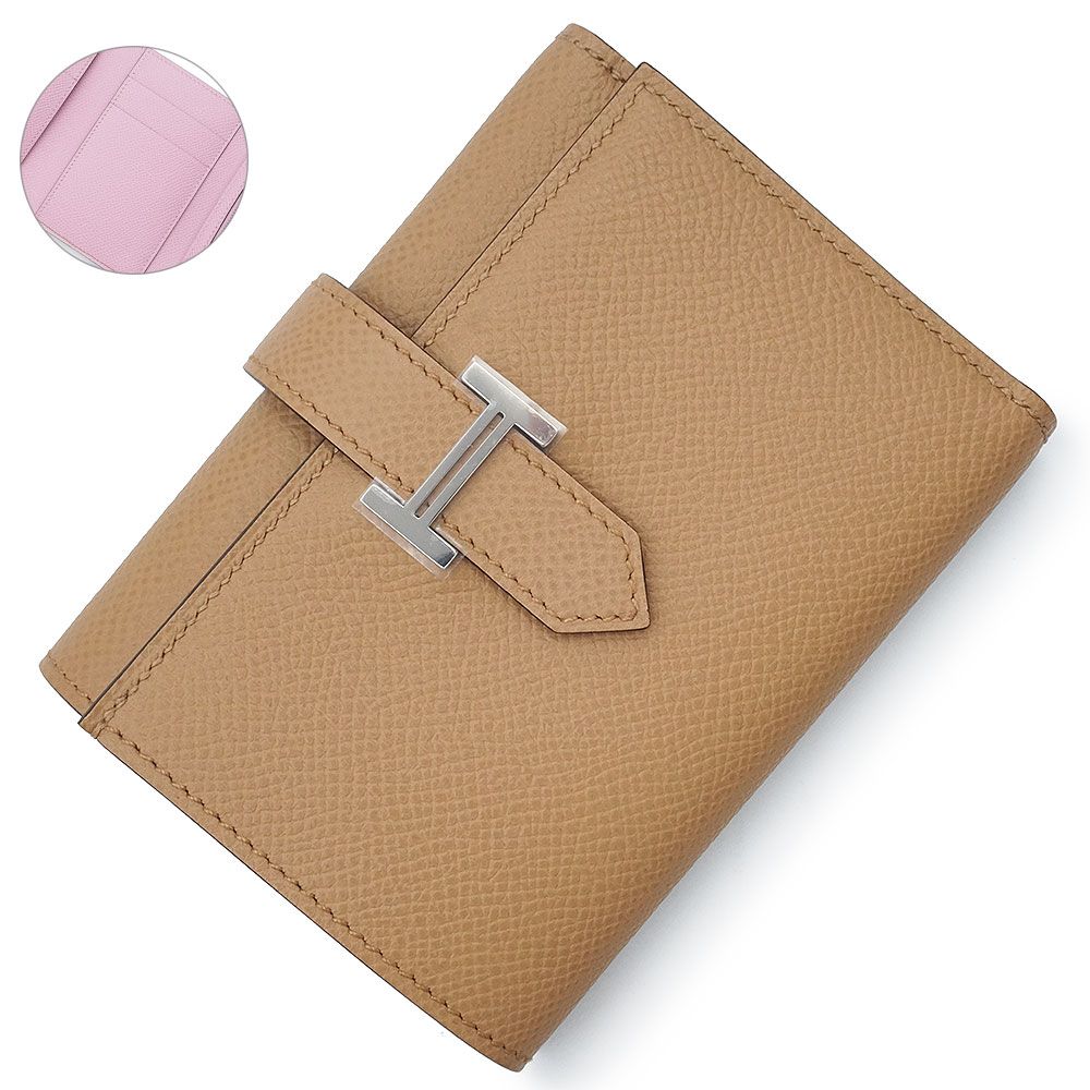 エルメス ベアン コンビネ ヴェルソ コンパクト ヴォーエプソン バイカラー チャイ モーヴシルベストル ブラウン ピンク B刻印 三つ折り財布 レザー シルバー金具 HERMES ♥品