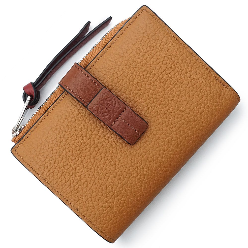 ロエベ スリムジップ バイフォールド ウォレット ソフトグレインカーフ バイカラー ライトキャラメル ピーカン ブラウン レッド 二つ折り財布 レザー シルバー金具 LOEWE ♥品