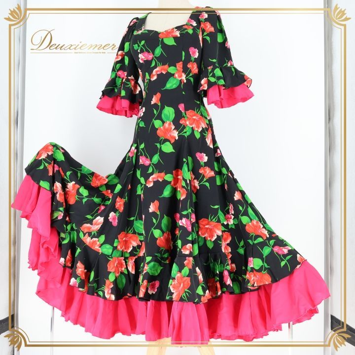 フラメンコ 衣装 ワンピース ドレス 花柄 ボランテ フリル ピンク