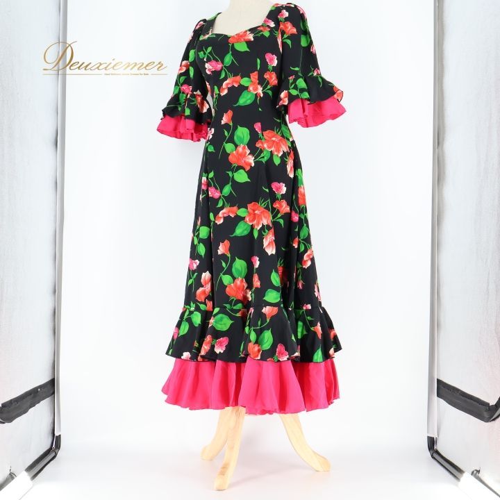 フラメンコ 衣装 ワンピース ドレス 花柄 ボランテ フリル ピンク